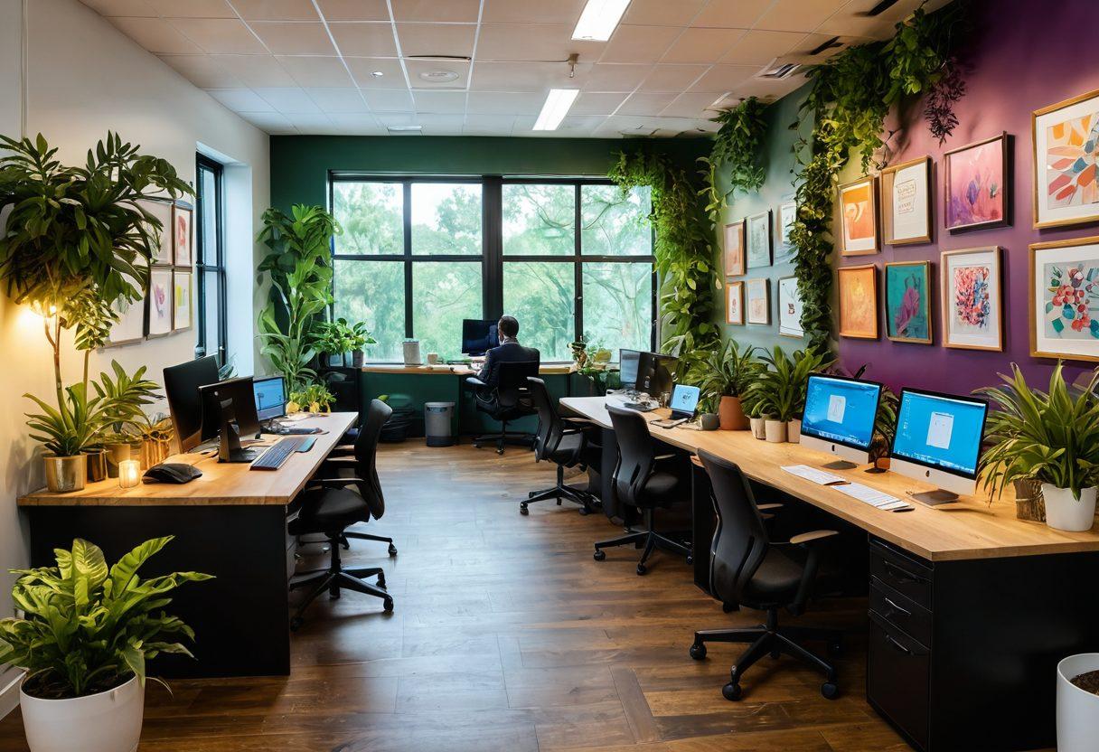 A vibrant, collaborative workspace featuring diverse team members engaged in creative activities, surrounded by beautiful greenery and aesthetic decorations that inspire positivity. Include elements like colorful art on the walls, plants, and harmonious lighting to enhance the atmosphere of synergy. super-realistic. vibrant colors. bright background.