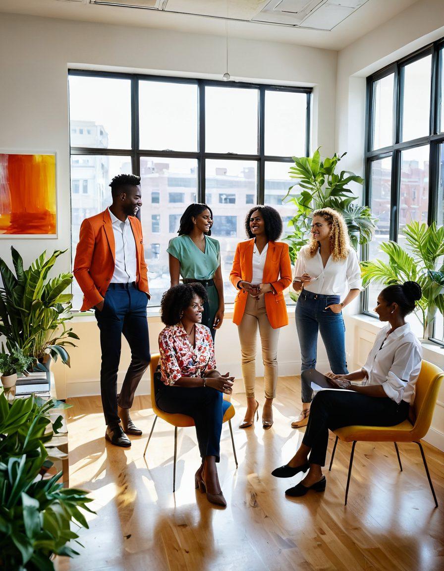 A dynamic team of diverse professionals in a bright, modern office, each showcasing unique and stylish outfits that reflect their personality. Surrounding them are colorful plants and inspiring artwork on the walls, with some team members smiling and collaborating on a project. The ambiance is lively, filled with natural sunlight streaming through large windows. The overall atmosphere radiates positivity and creativity. vibrant colors. modern art style. super-realistic.