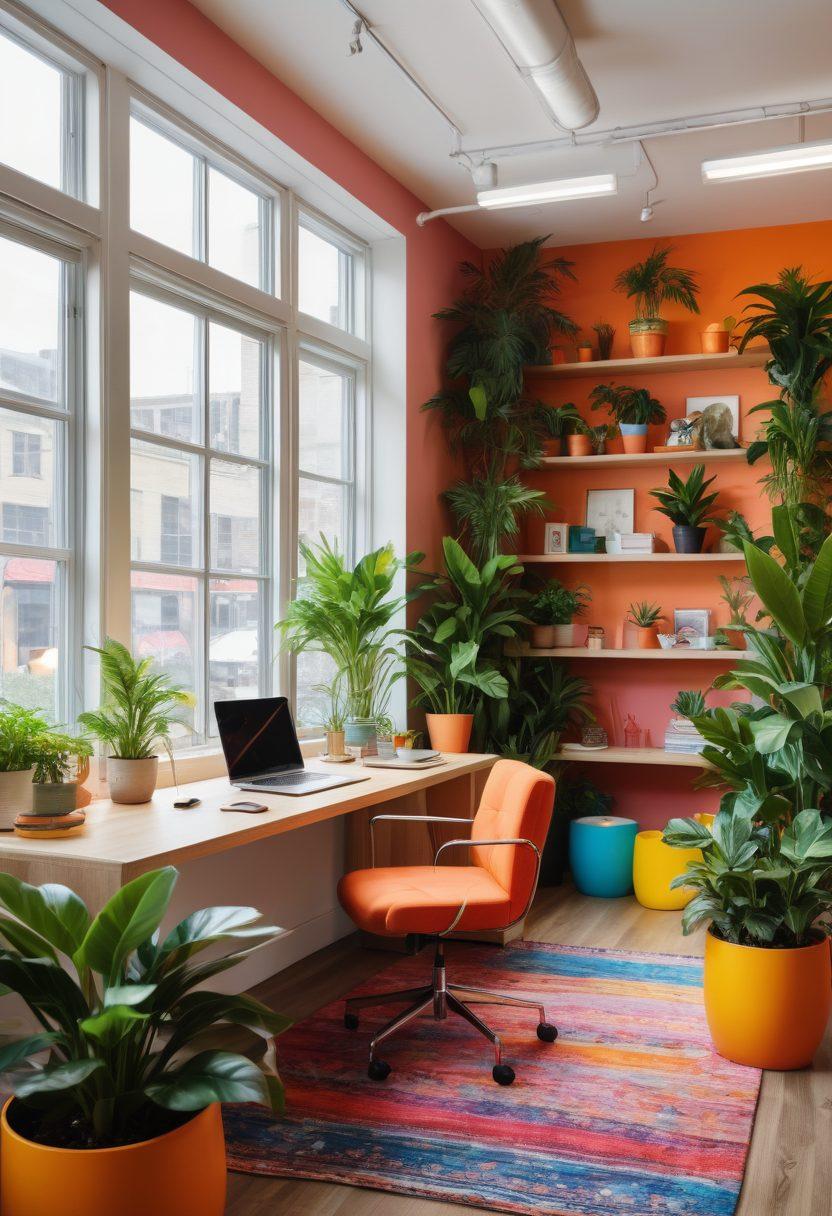 A vibrant and dynamic workspace showcasing a diverse team collaborating joyfully, surrounded by colorful and aesthetic decor. Highlight elements like lush plants, creative artwork, and stylish furniture that promote harmony and collaboration. Include cheerful expressions on team members' faces as they engage in brainstorming activities, emphasizing the concept of joyful teamwork. Add soft natural lighting streaming through large windows to create an inviting atmosphere. super-realistic. vibrant colors. 3D.